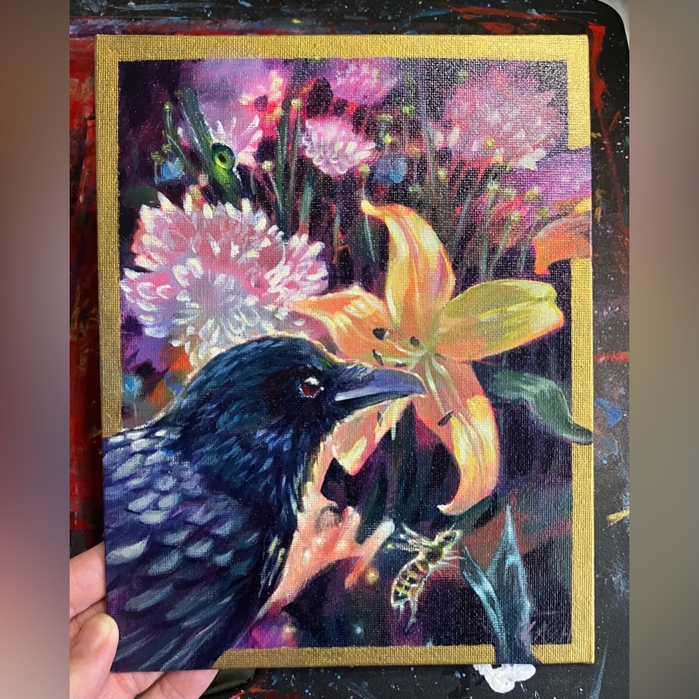 Original crow Painting Raven Bee Lily Garden Art 7x9" floral still life ladybug